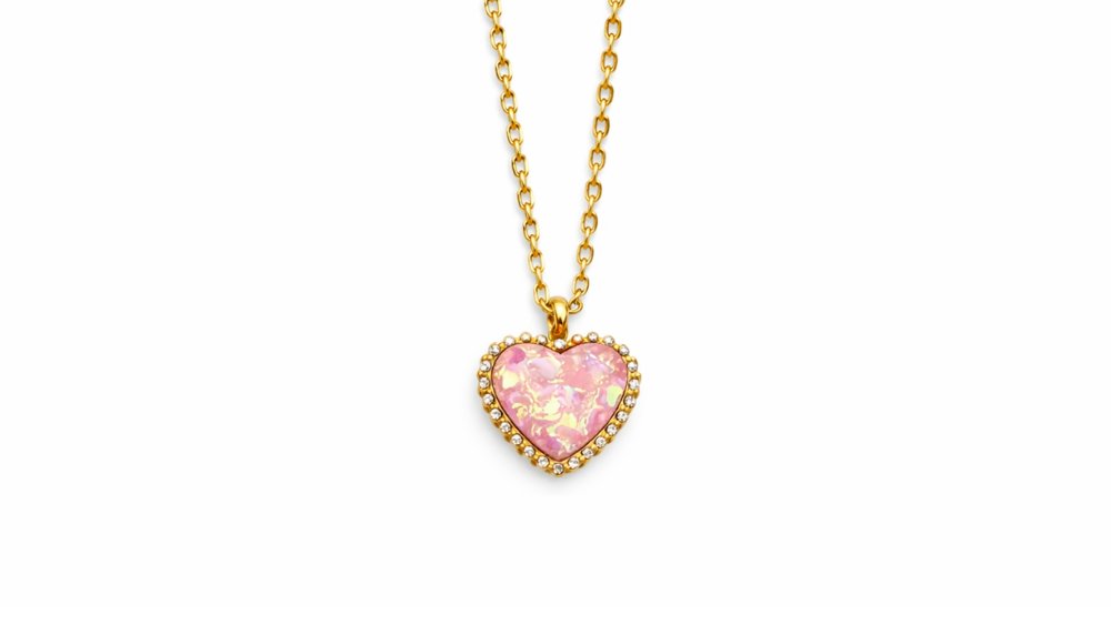 Gold Heart Necklace with Pink Opal – Stainless Steel