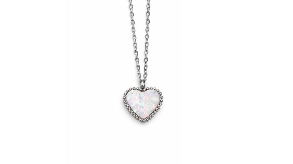 Silver Heart Necklace with White Opal – Stainless Steel