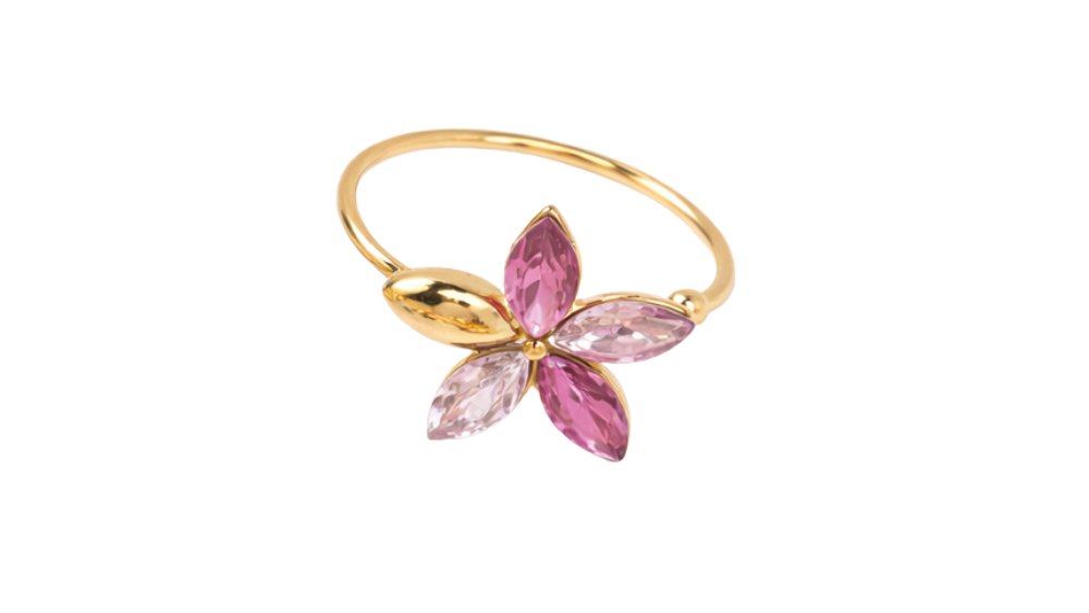 Pink Crystal Flower Ring – Stainless Steel