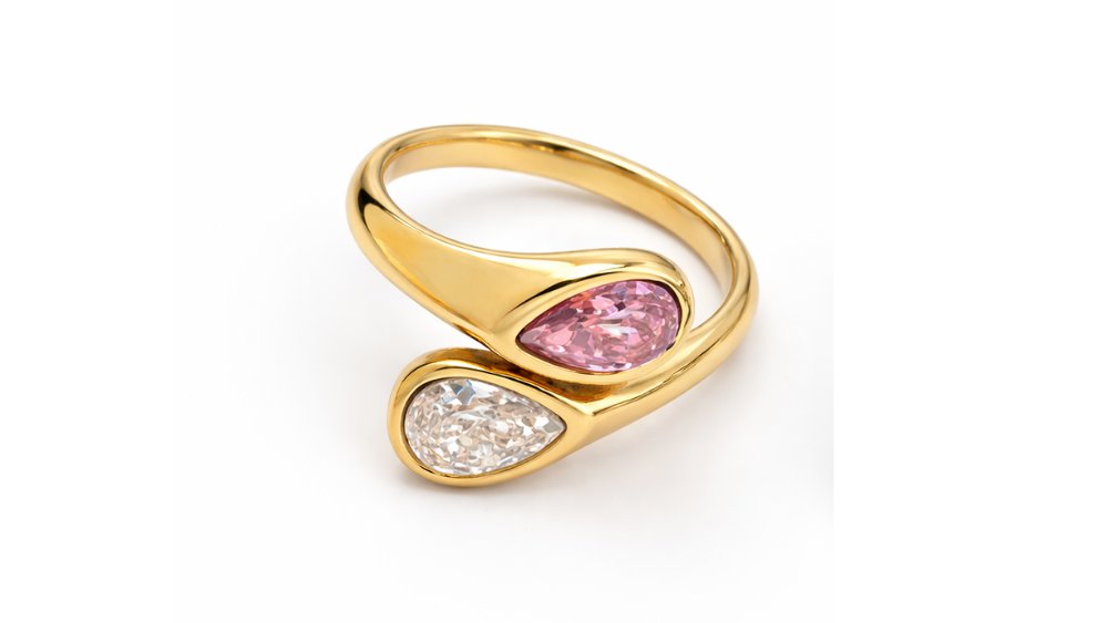 Gold Double Stone Ring with Pink & Clear Crystals – Stainless Steel