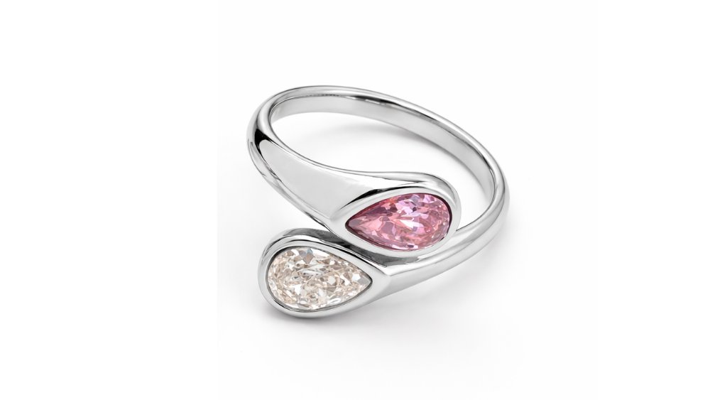 Silver Double Stone Ring with Pink & Clear Crystals – Stainless Steel