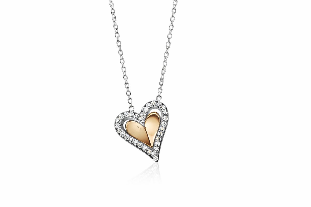 Silver Heart Necklace with Gold Inner Heart & Cubic Zirconia