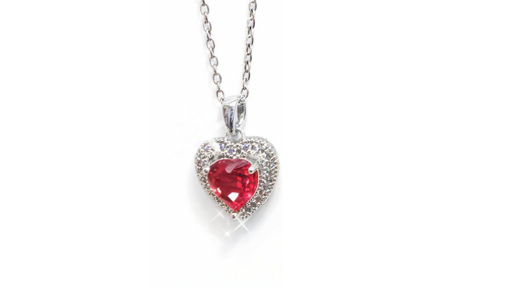 Silver Heart Crystal Necklace –Red