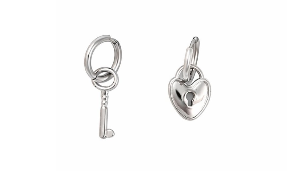 Stainless Steel Lock & Key Hoop Earrings – Silver
