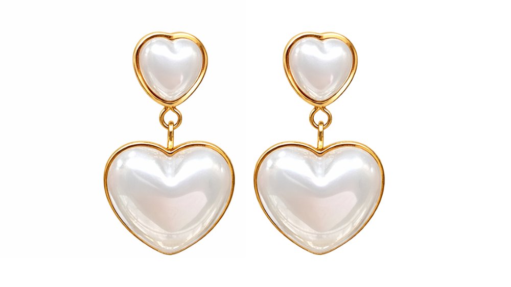 Gold Double Heart Drop Earrings – Pearl Finish