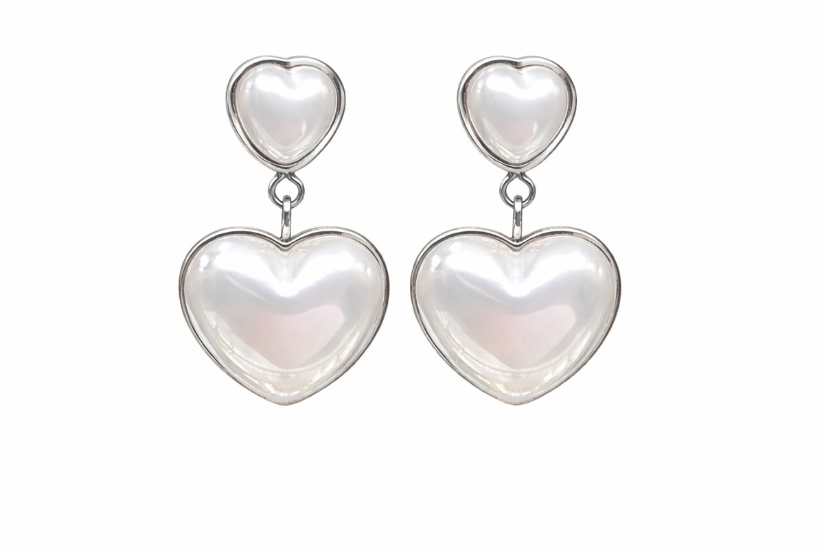 Silver Double Heart Drop Earrings – Pearl Finish