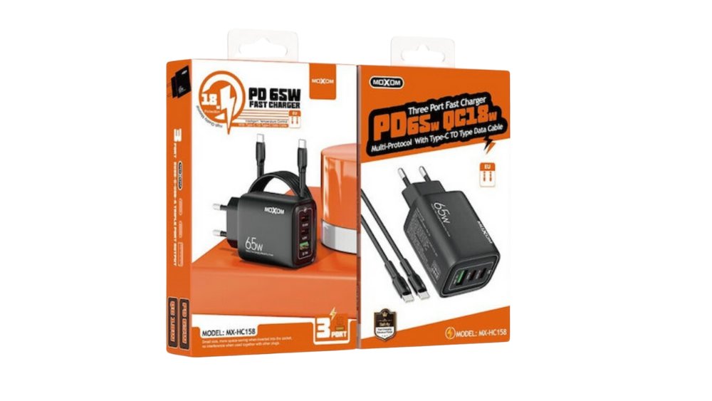 65W PD Fast Charger – 3-Port Wall Adapter with Type-C Cable