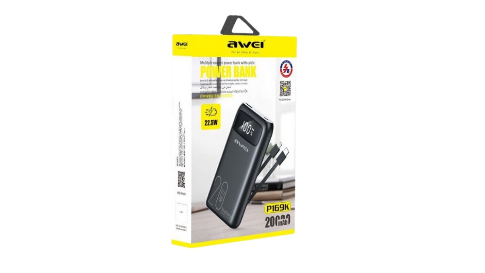 Awei P169K Power Bank 20000mAh – 22.5W Fast Charging with Built-in Cables