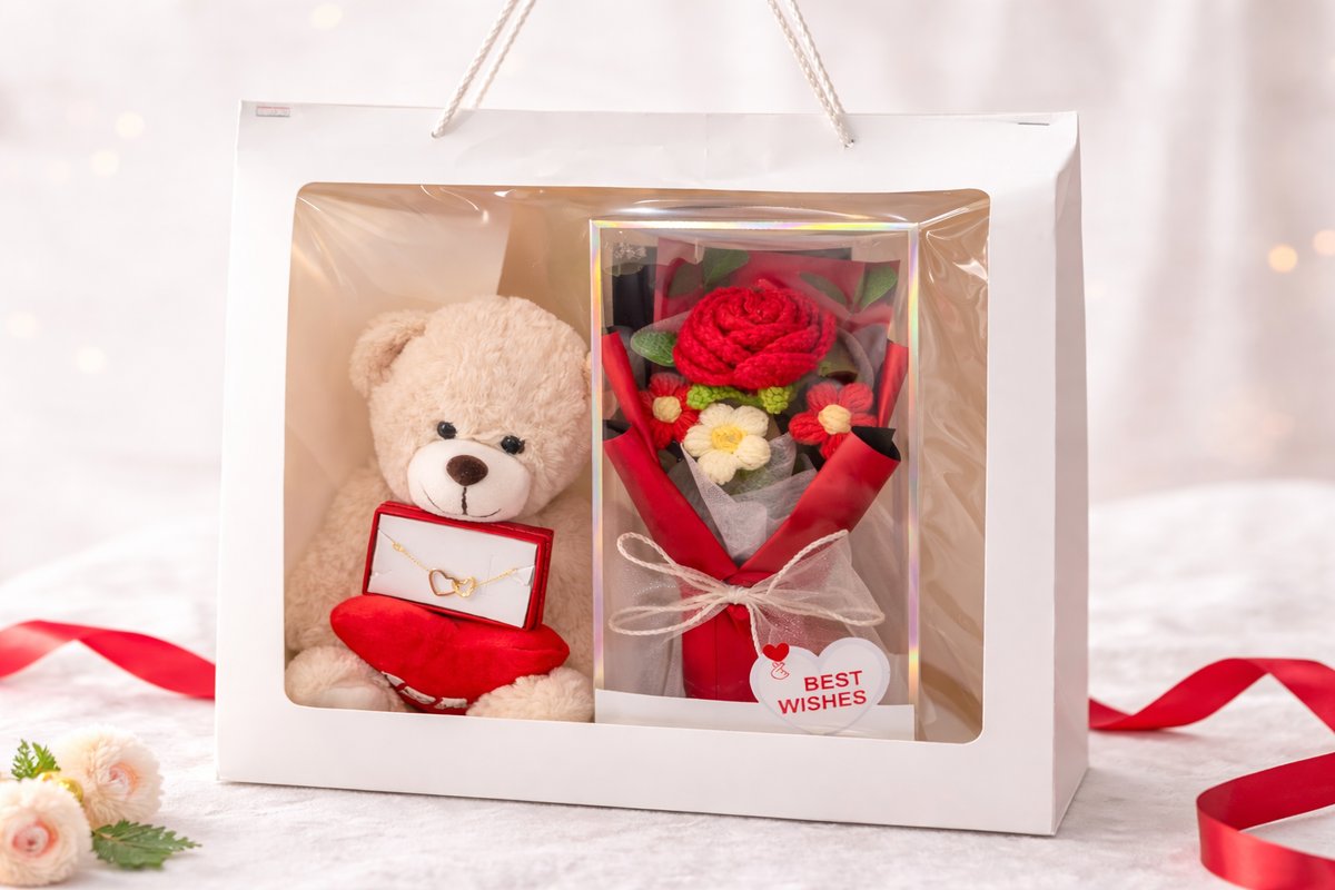 Valentine’s Day Gift Set – Teddy Bear, Crochet Rose Bouquet & Heart Bracelet