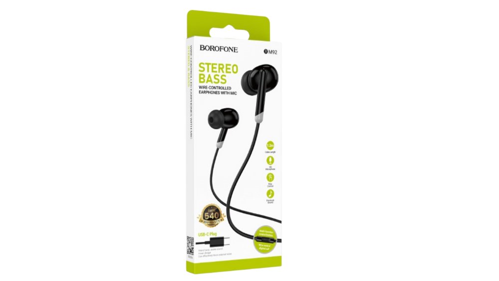 BOROFONE BM92 Stereo Bass USB-C Wired Earphones with Microphone – black