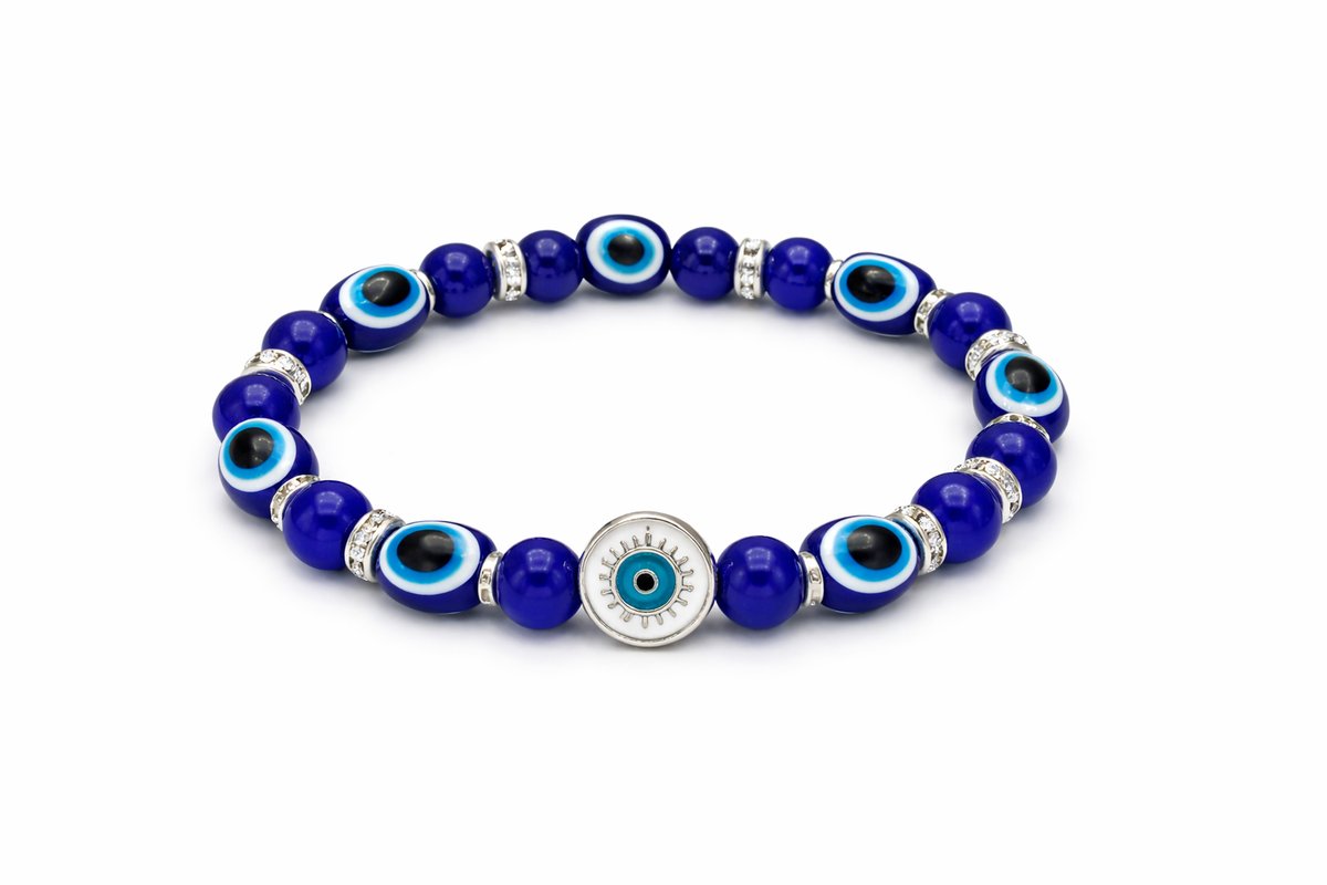Classic Blue Evil Eye Bracelet with Silver Sun Charm – Greek Protection Style