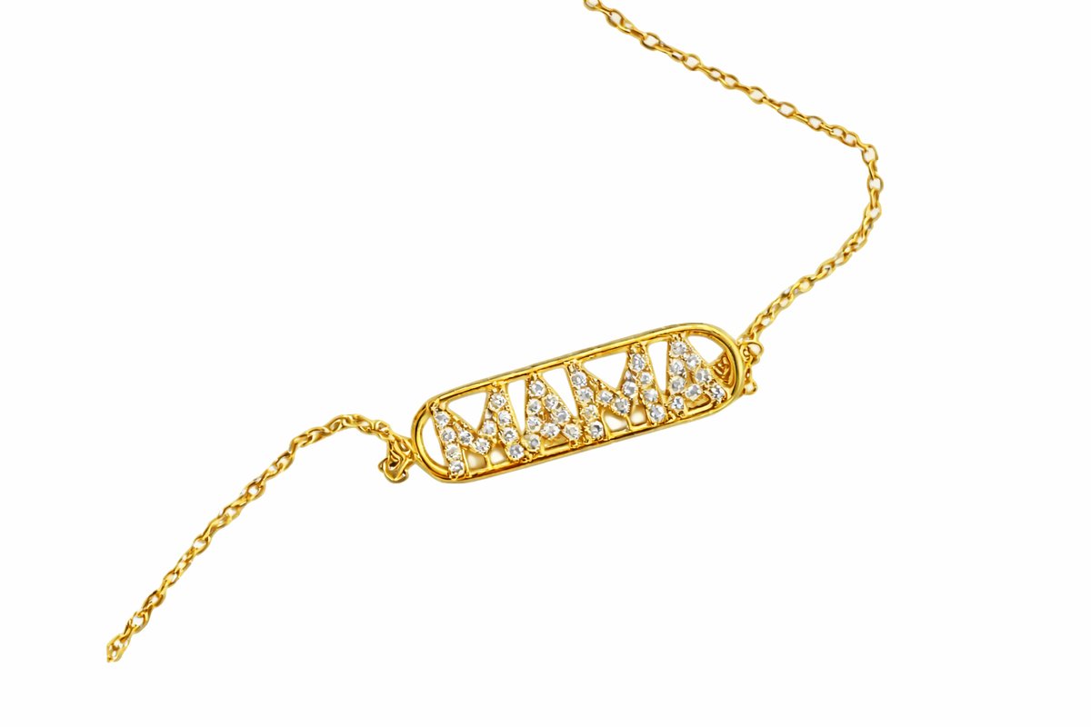Stainless Steel “MAMA” Bracelet with Zircon Crystals – Gold Finish