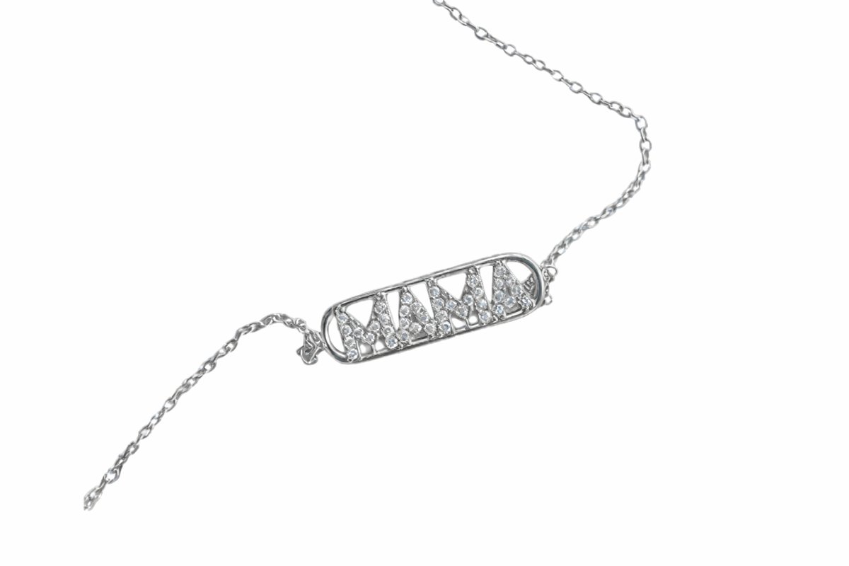 Stainless Steel “MAMA” Bracelet with Zircon Crystals – Silver Finish