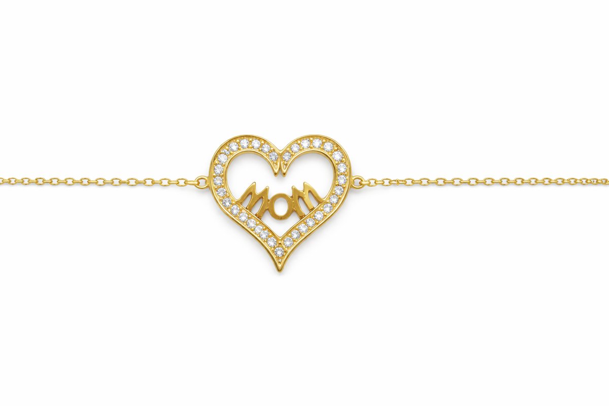 Gold Stainless Steel Heart “Mom” Bracelet with Cubic Zirconia