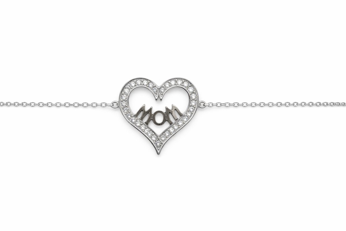 Silver Stainless Steel Heart “Mom” Bracelet with Cubic Zirconia