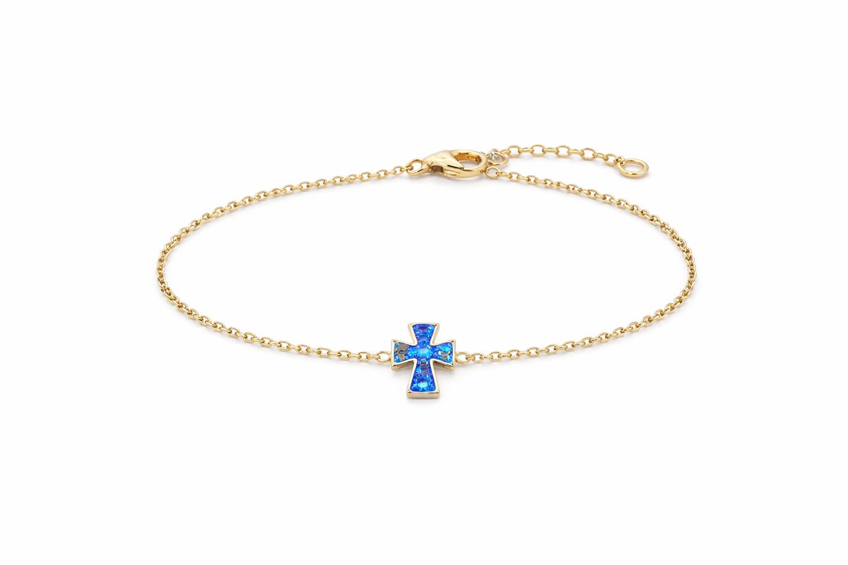Gold Cross Bracelet with Blue Crystal Detail – Stainless Steel