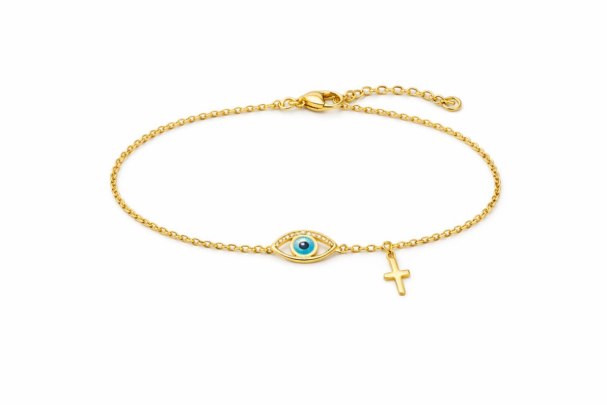 Gold Evil Eye & Cross Bracelet – Stainless Steel