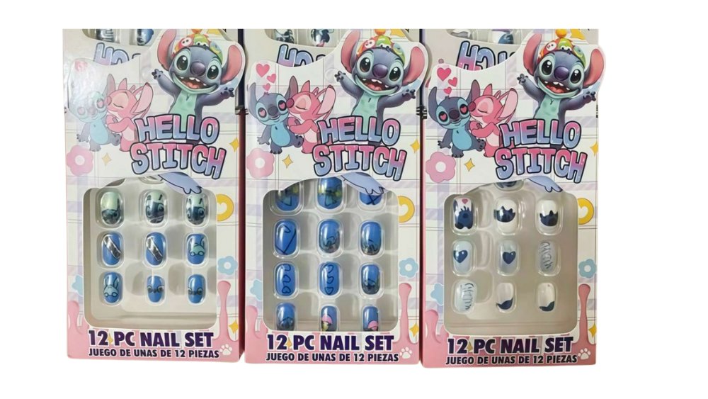 Cute Fake Nails Set – Blue Stitch Design | Kids & Teens Nail Art