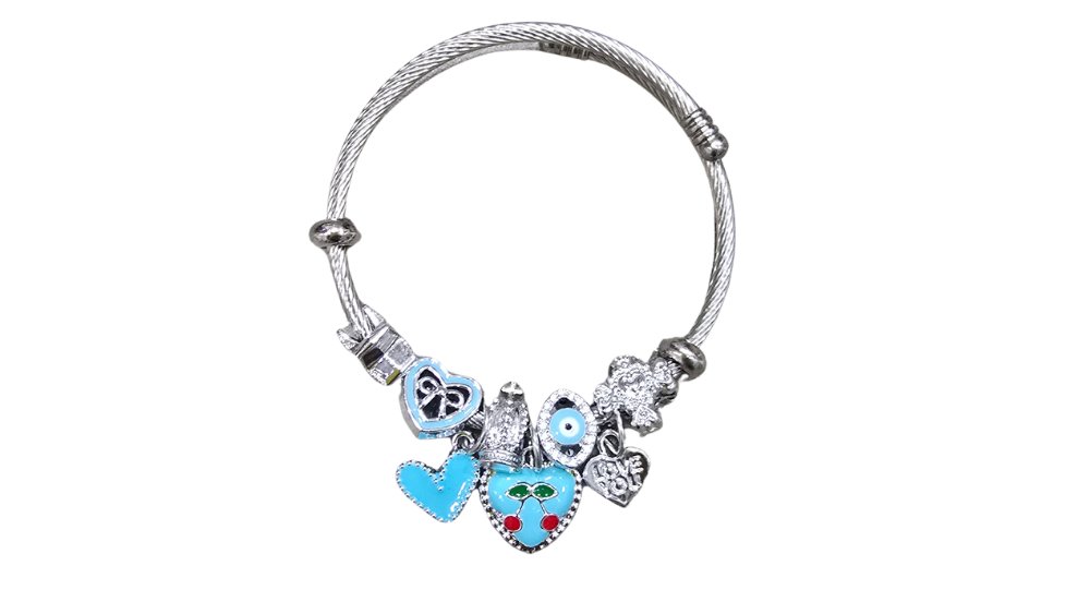 💫 Pandora Style Bracelet –Light blue heart with cherries