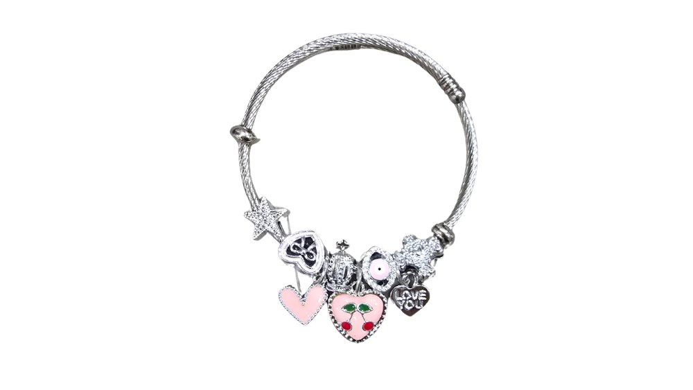 💫 Pandora Style Bracelet –pink heart with cherries