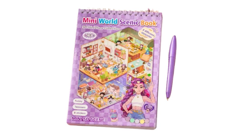 Rumi Mini World 5D Scenic Sticker Book – DIY Miniature Room Kit with Tweezers & Pen