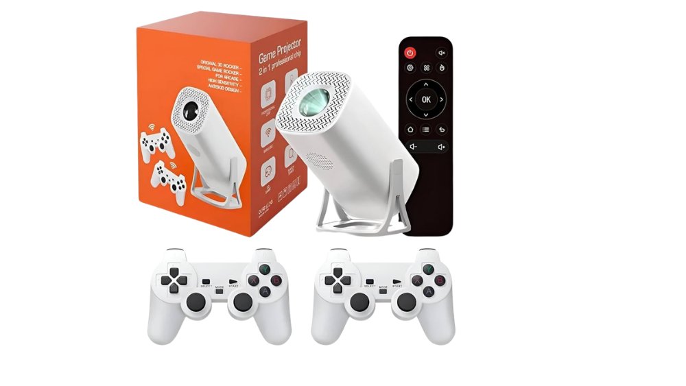 Mini Portable Game Projector Console with 2 Wireless Controllers & Remote