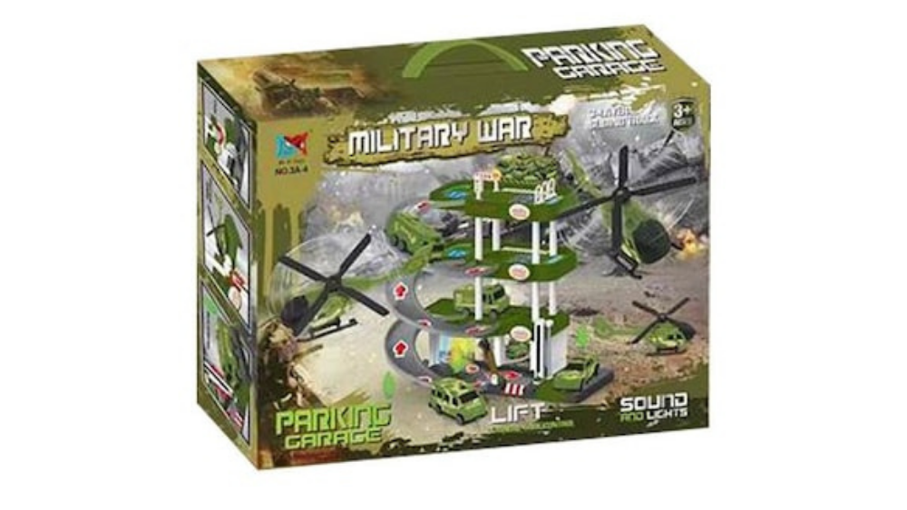 Military War Parking Garage Toy Set with Cars, Helicopters, Lights & Sound (2-Level Playset)