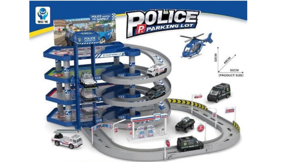 Police Parking Garage Toy Set with Cars, Helicopter, Lights & Sound (Multi-Level Playset)