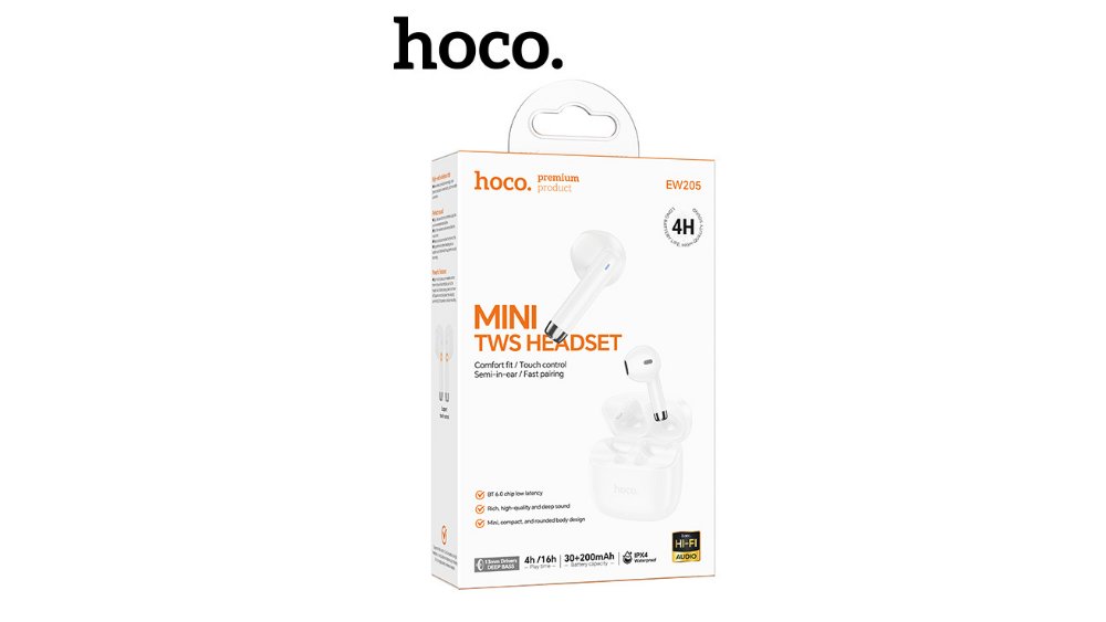 White HOCO EW205 Mini TWS Wireless Earbuds – Bluetooth 5.3, Touch Control, Charging Case