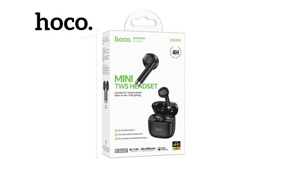 Black HOCO EW205 Mini TWS Wireless Earbuds – Bluetooth 5.3, Touch Control, Charging Case