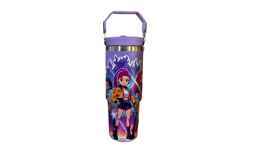 Purple-K-Pop Demon Hunters Stainless Steel Tumbler 900ml – Insulated Travel Cup with Handle & Lid