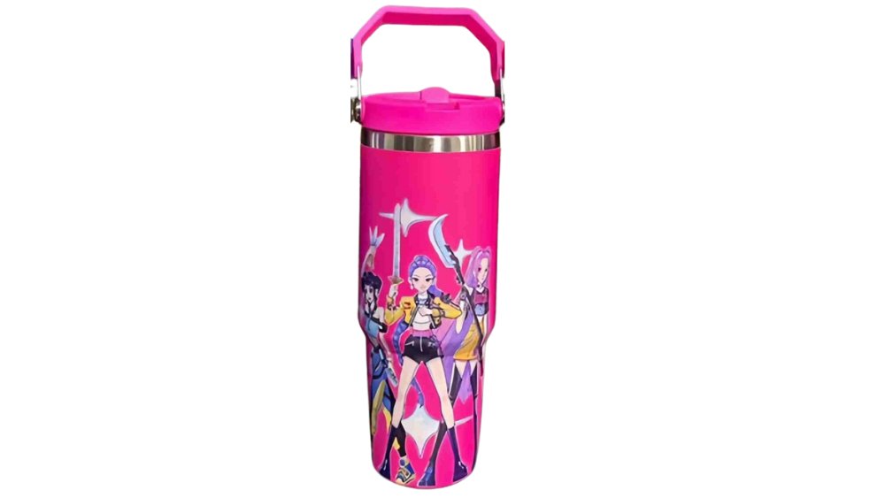 Fuxia K-Pop Demon Hunters Stainless Steel Tumbler 900ml – Insulated Travel Cup with Handle & Lid