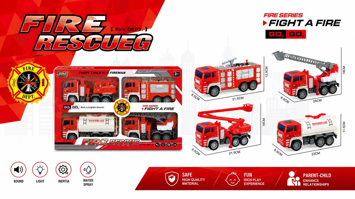 Fire Rescue Truck Toy Set – 4-Piece Emergency Vehicles with Ladder & Crane (Die-Cast Style)