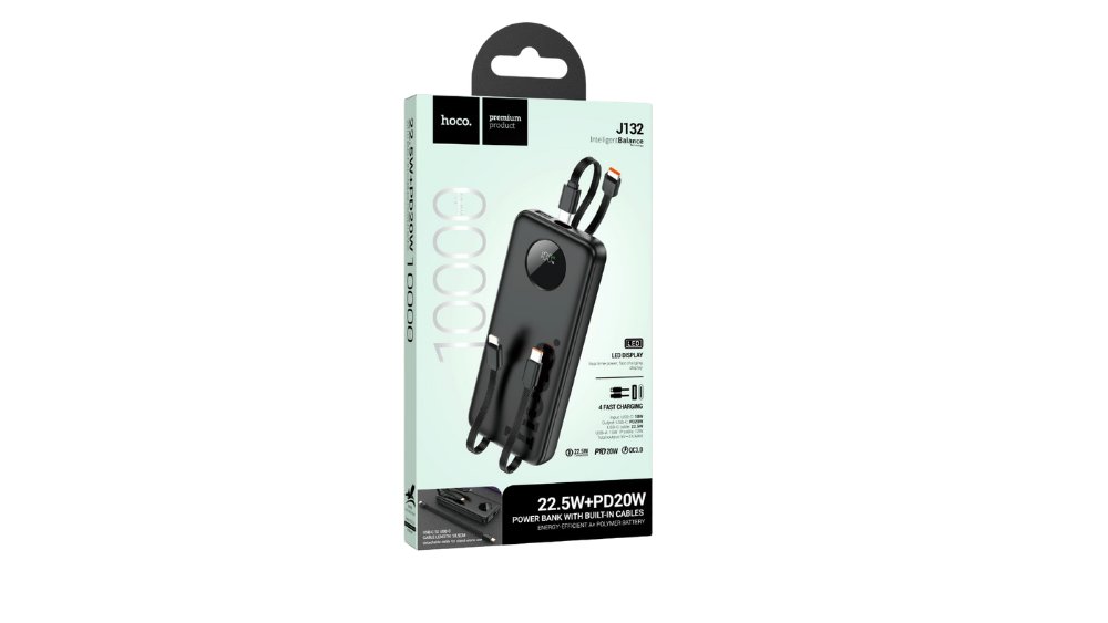 🔋 Hoco J132 Power Bank 10000mAh with Built-in Cables – 22.5W + PD 20W Fast Charging
