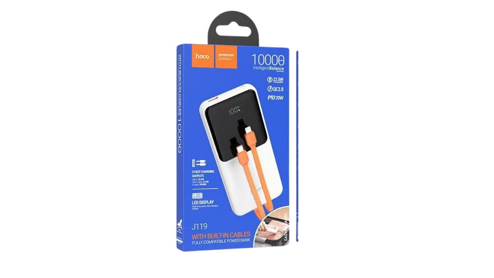 HOCO J119 10000mAh Fast Charging Power Bank with Built-in Cables – 22.5W PD20W