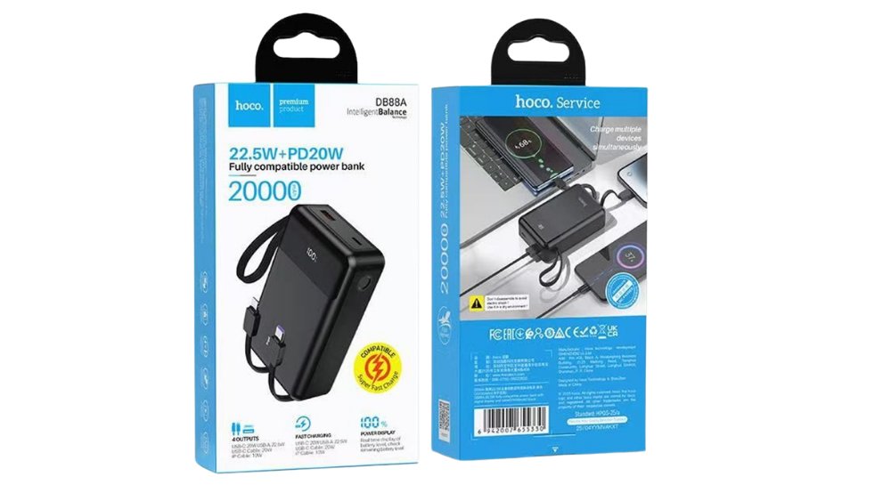 HOCO DB88A 20000mAh Fast Charging Power Bank with Built-in Cables – 22.5W PD20W