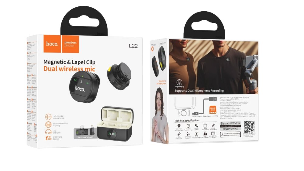 HOCO L22 Dual Wireless Microphone with Magnetic & Lapel Clip – Plug & Play