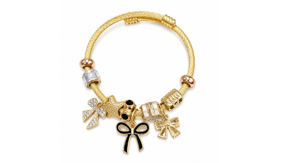 💫Gold Pandora Style Bracelet – Black Bow Charms