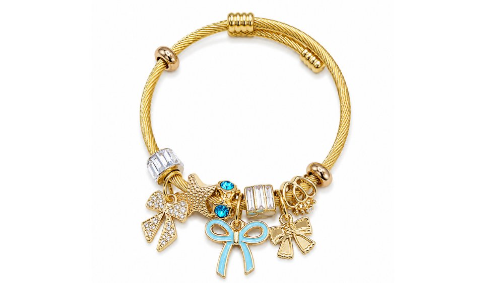 💫Gold Pandora Style Bracelet – Light blue Bow Charms