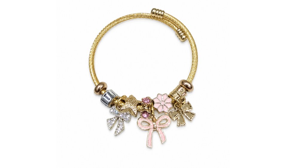 💫Gold Pandora Style Bracelet – Pink Bow Charms