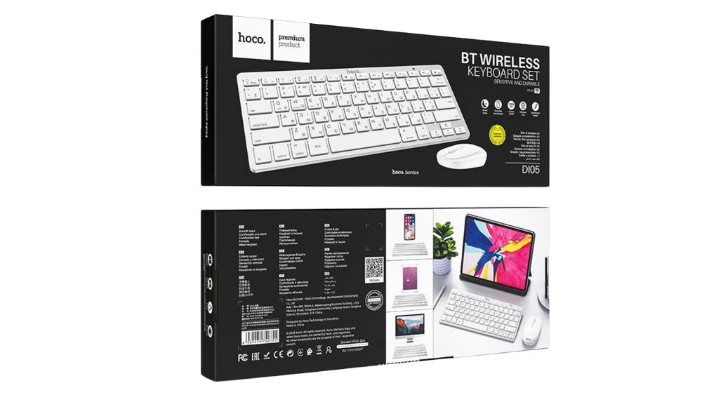 Hoco DI05 Bluetooth Wireless Keyboard & Mouse Combo – Ultra Slim, Rechargeable, Multi-Device Compatible (White)
