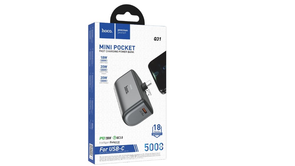 Hoco Q31 Mini Pocket Power Bank 5000mAh 20W PD Fast Charging with Built-in USB-C Connector