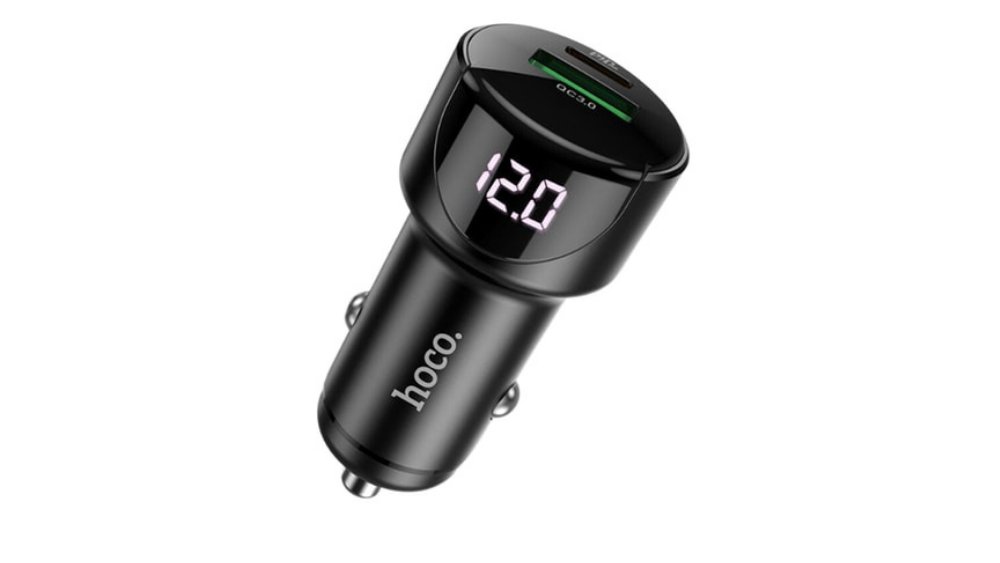 Hoco USB Car Charger with QC 3.0 Fast Charging & Digital Voltage Display – 12W (Black)