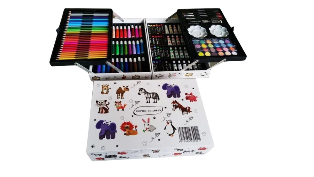 White Kids Art Set in Aluminum Case – Complete Drawing & Painting Kit with Pencils, Markers, Paints & Accessories