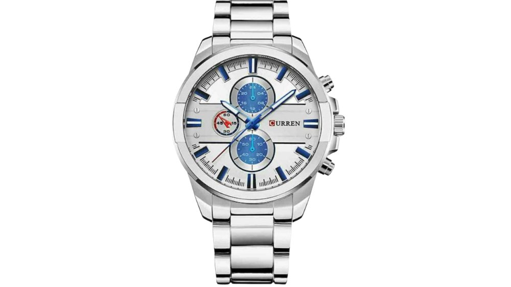 Curren Men’s Chronograph Watch – silver and blue Sunburst Dial with Stainless Steel Bracelet