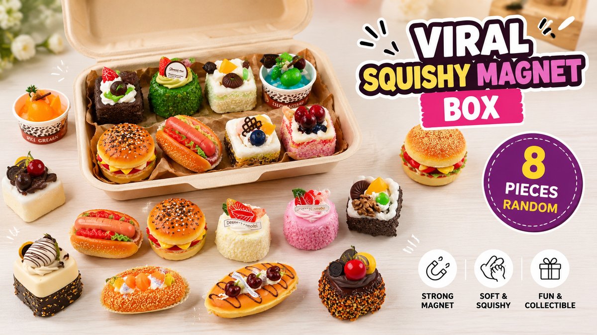 Viral Squishy Magnet Box – 8 Random Food & Dessert Foam Magnets Mystery Pack