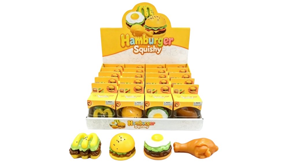 Mini Food Squishy Collection – Hamburger, Fried Egg, Chicken Drumstick & Avocado Toast Stress Relief Toy