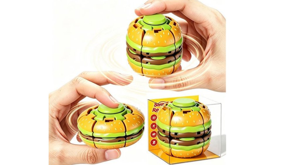Burger style 3D Printed Press & Spin Fidget Ball – Rotating Stress Relief Sensory Toy