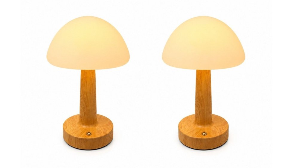 Mushroom LED Table Lamp – Wooden Base & Warm Ambient Light