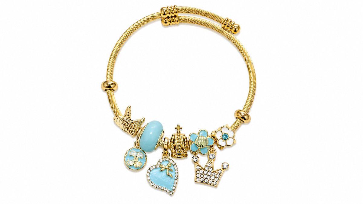 💫 Pandora Style Bracelet – light blue heart and crown